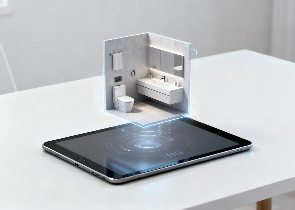 A futuristics holographic bathroom model floating above a tablet placed on the table