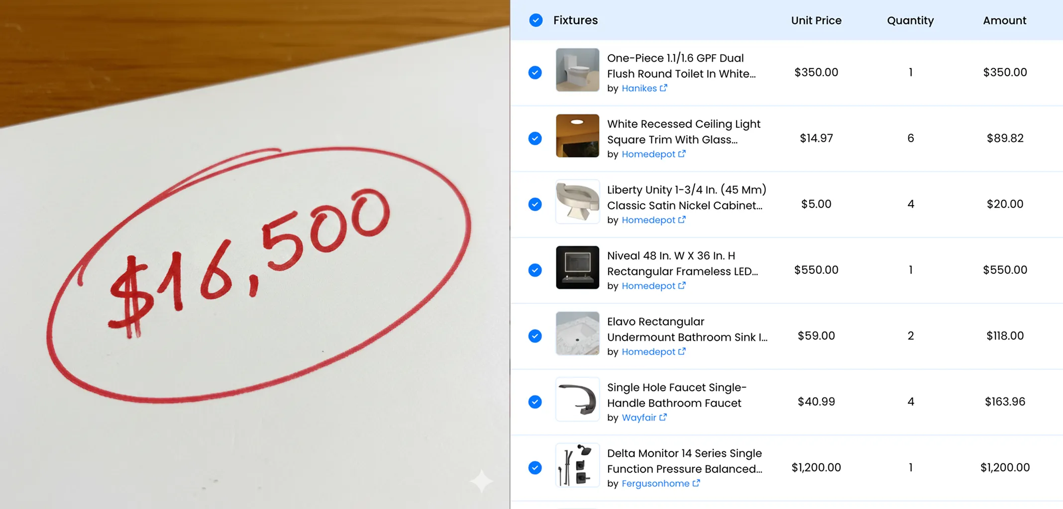 Split screen image: left with only the total cost of the project and right with a detailed breakdown of all items.