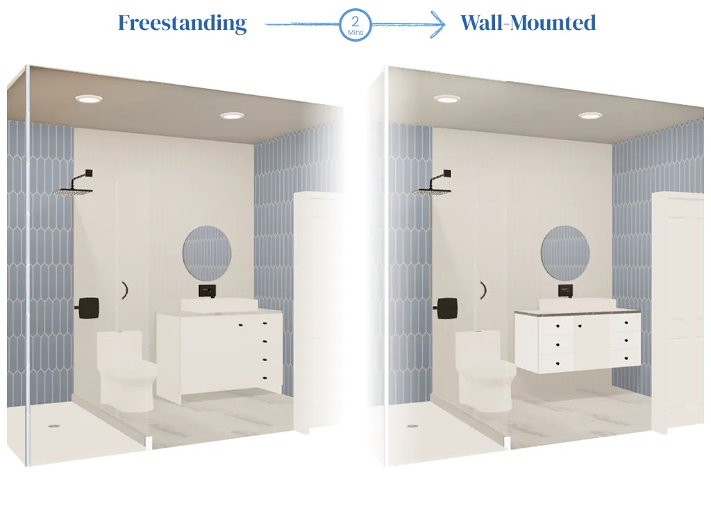 Before & after comparison of 3D model of the bathroom with a change in the vanity body
